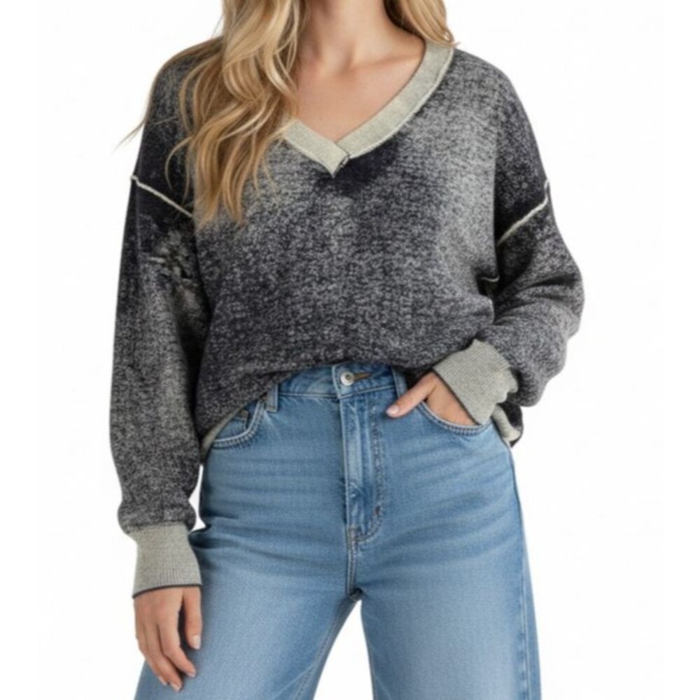 Sundance NEW Boxy Fit Cece Sweater Women XL Navy Blue Acid Washed V-neck